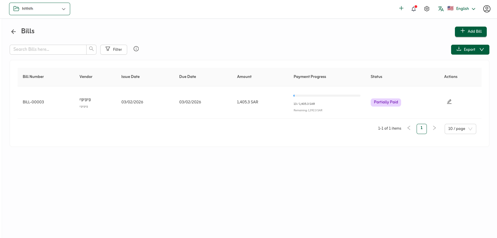 Bills list with search, filter, payment progress, and status columns in Tafsee Books