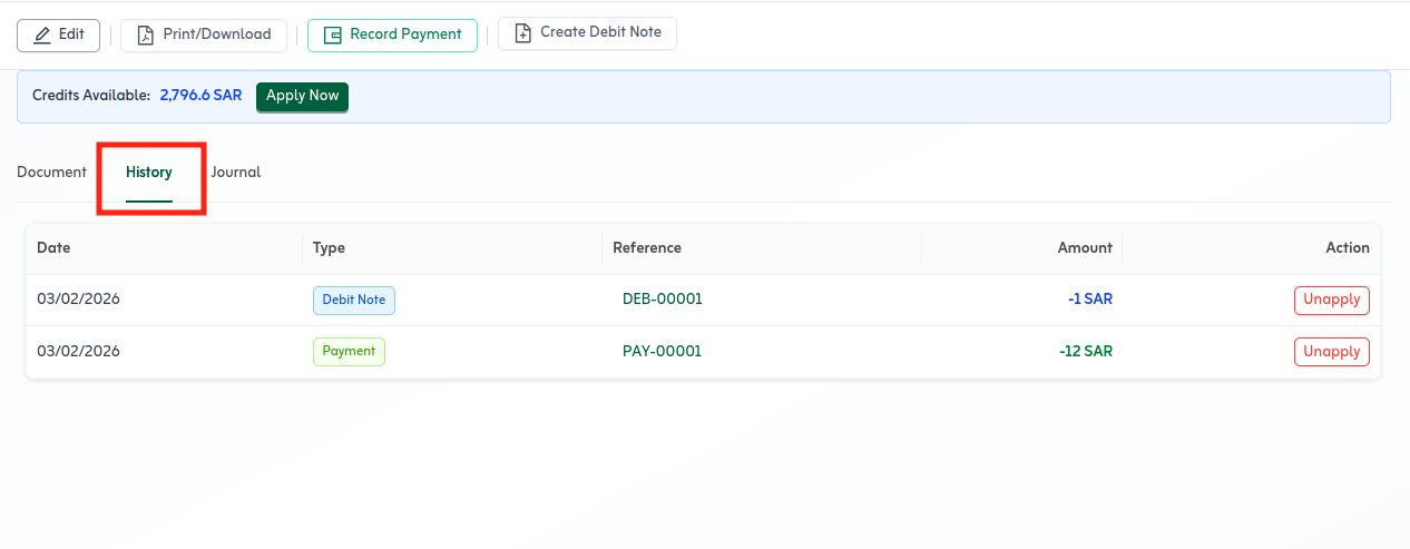 Bill History tab listing payments and debit notes with optional unapply in Tafsee Books