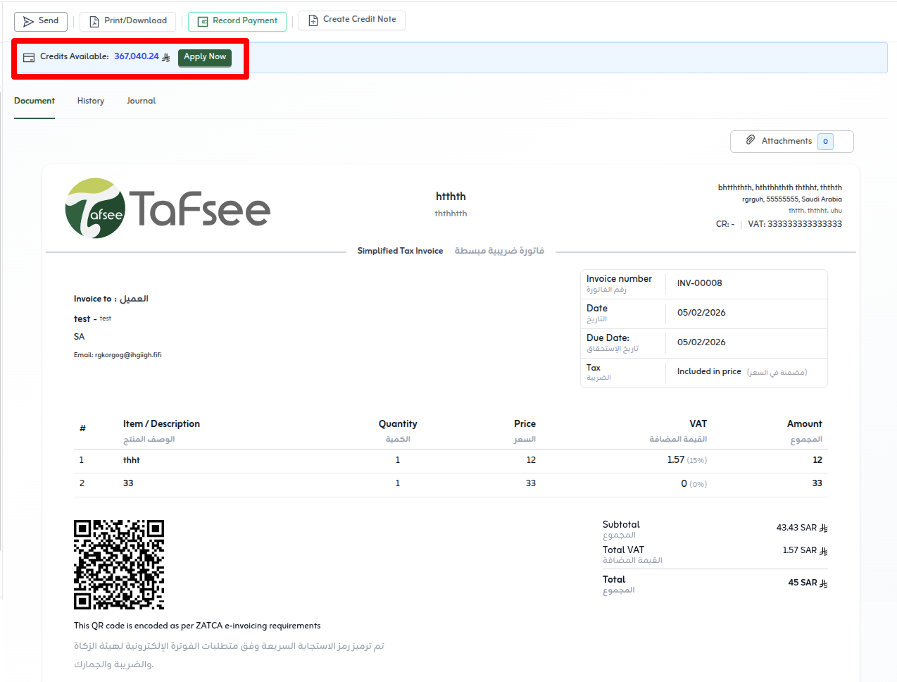 Invoice details showing available credit note balance in Tafsee Books