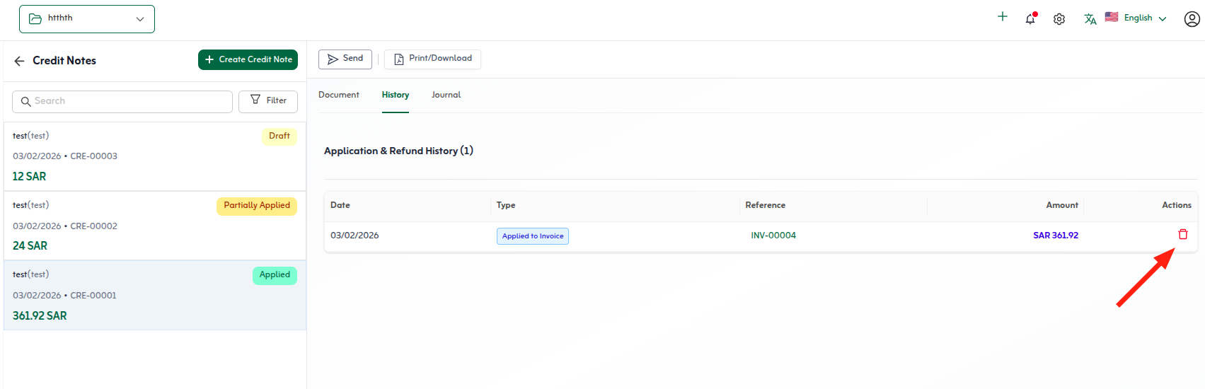 Confirming deletion of a credit note in Tafsee Books