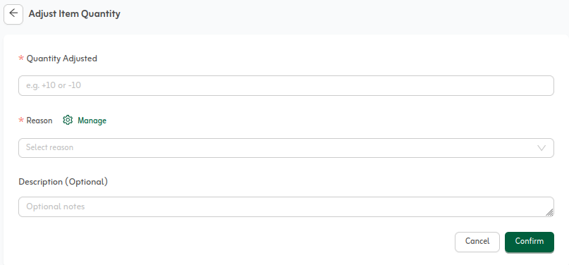 Tafsee Books inventory quantity adjustment form for an item