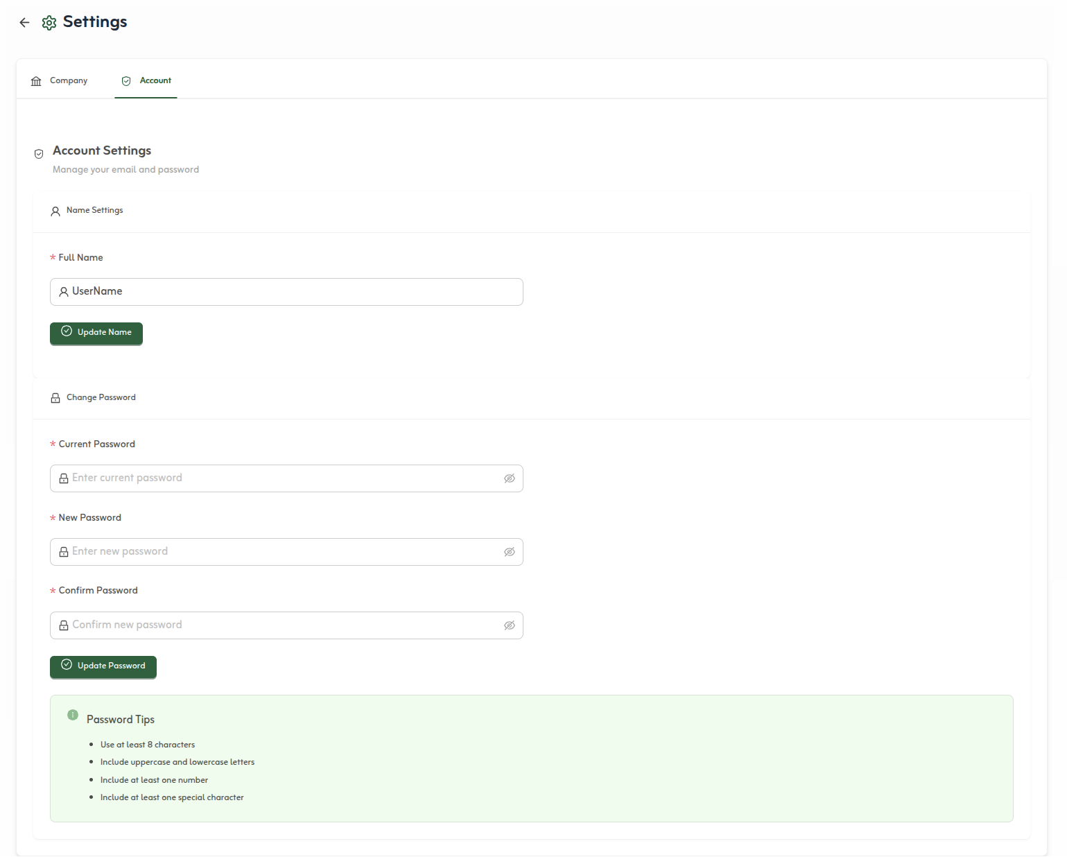 Account Settings page in Tafsee Books with name and password options
