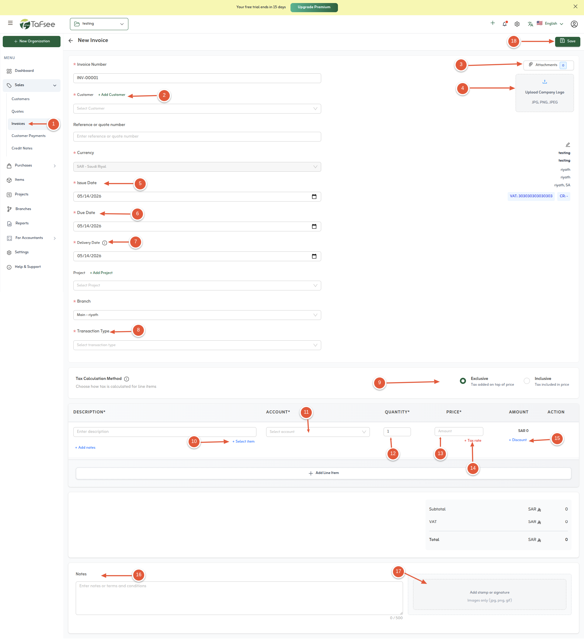 Create New Invoice in Tafsee Books