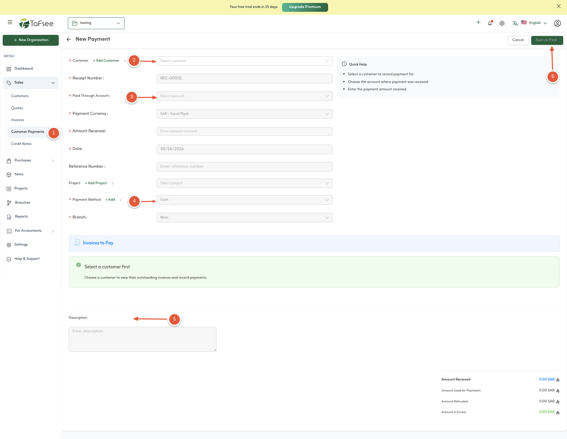 Create New Payment in Tafsee Books